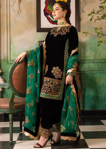 zab953 3-Piece Unstitched Heavy Embroidered Velvet Suit ( Four Sided Embroidered Organza Dupatta )